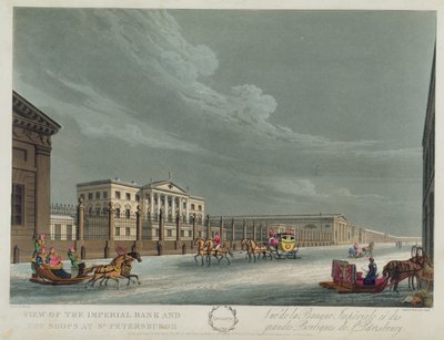 Vue de la Banque Impériale et des boutiques à Saint-Pétersbourg, illustration pour janvier de 